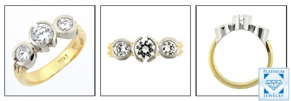 3 STONE BESEL SET CZ RING /TWO TONE GOLD