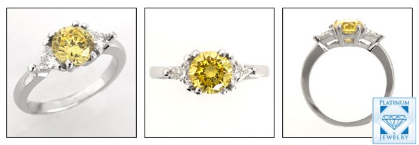 CANARY CUBIC ZIRCONIA  ROUND 3 STONE RING WITH TRILLIONS