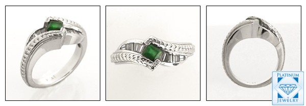 CZ SMALL EMERALD COLOR PRINCESS AND BAGUETTE PLATINUM RING