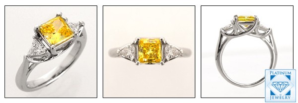 CANARY CUBIC ZIRCONIA PRINCESS CUT 3 STONE RING/ TRILLION SIDES