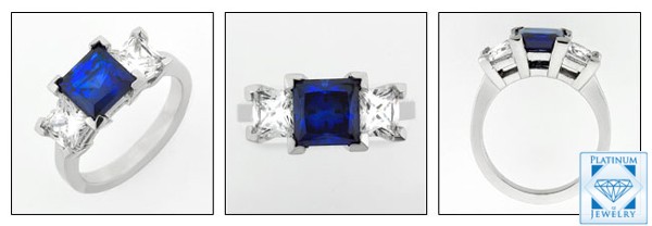 Three Stone Ring Sapphire Blue Princess cut Center CZ 