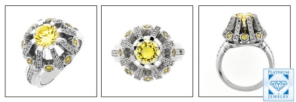 ART DECO STYLE RING CANARY ROUND CZ IN PRONG,BEZEL, PAVE SETTING