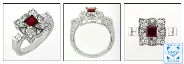 Platinum ring- engraved shank -ruby cz stone ring