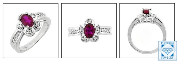 RUBY COLOR OVAL CZ  PLATINUM RING 