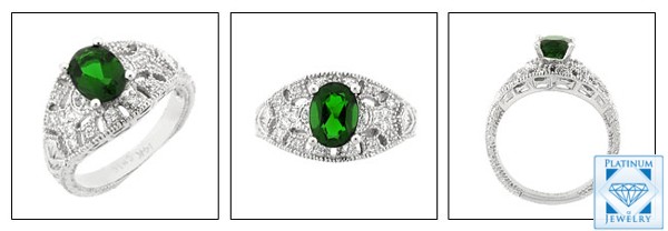 1.5 Ct. OVAL EMERALD COLOR CZ VINTAGE STYLE RING  