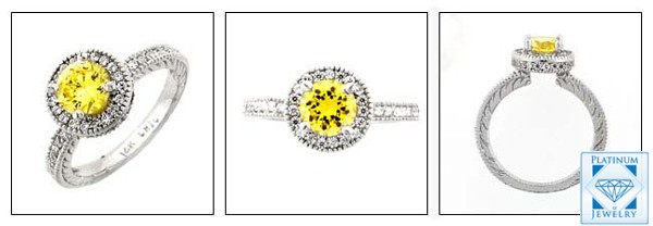 CANARY ROUND CZ HALO WHITE GOLD ENGAGEMENT RING 