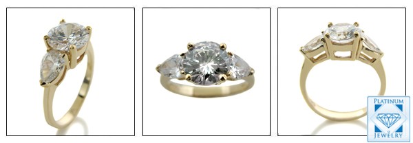ROUND AND PEAR SHAPED CZ 3 STONE 14K YELLOW GOLD RING