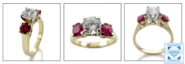 3 STONE YELLOW GOLD RING WITH RUBY CZ