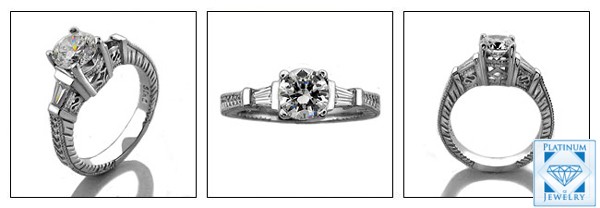 Tapered cz Baguettes/ 1ct center 3 stone ring 