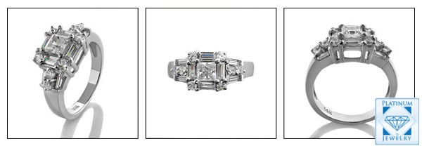 Princess cut and baguette cubic zirconia platinum ring