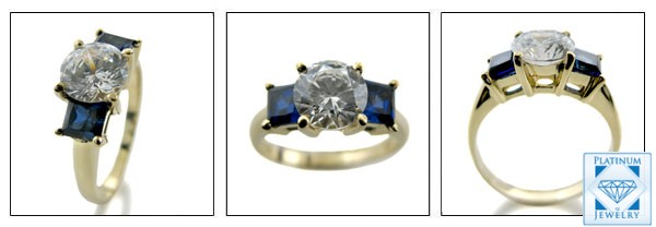 1.5 ROUND CZ WITH SAPPHIRE PRINCESS 3 STONE YELLOW GOLD RING