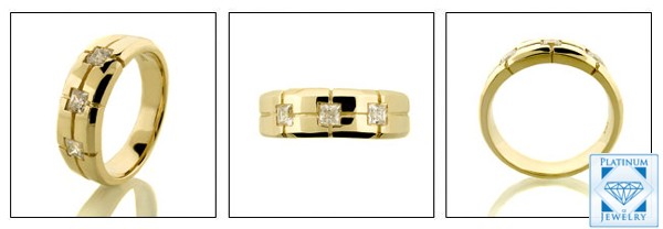 14K YELLOW GOLD BAND FOR MEN WITH PRINCESS CUT CUBIC ZIRCONIA