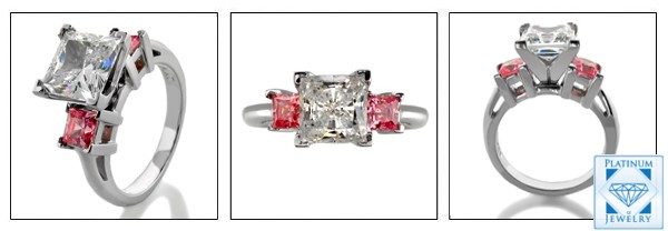 AAA HIGH QUALITY PRINCESS CZ CENTER  WITH PINK STONES 3 STONE RING