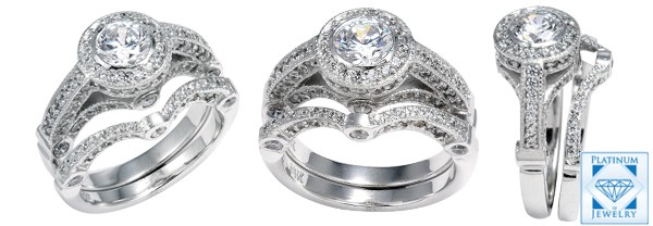 1 carat round cz bezel and pave platinum engagement ring set