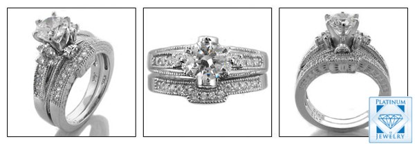 3 views of High Quality 1.0 carat Round CZ in Platinum engagement ring set