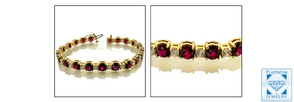 RUBY AND DIAMOND COLOR ROUND CZ YELLOW GOLD TENNIS BRACELET