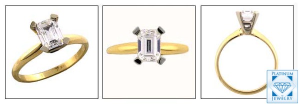 TWO TONE GOLD CZ EMERALD CUT SOLITAIRE RING