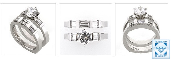 EURO SHANK PLATINUM RING  BAND SET WITH ROUND CZ AND CHANNEL BAGUETTES