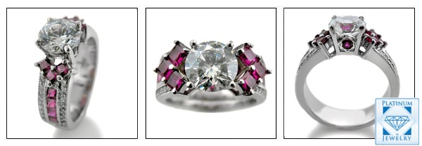 AAA HIGH QUALITY ROUND 1.5 CZ RUBY SIDES PLATINUM ENGAGEMENT RING