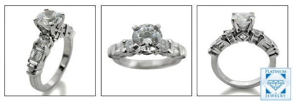 PLATINUM ENGAGEMENT RING WITH CZ ROUND AND BAGUETTE STONES
