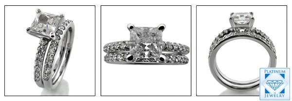 High Quality Princess cut platinum wedding ring set with pave set side stones