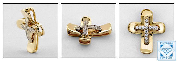 TWO TONE GOLD MODERN CROSS WITH PAVE SET CZ