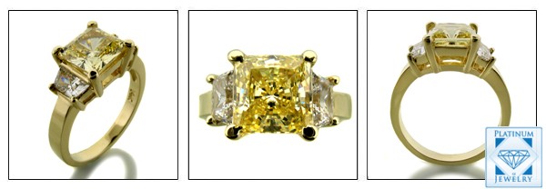 CANARY PRINCESS CUT 2 CT. CZ WITH TRAPEZOIDS 3 STONE RING