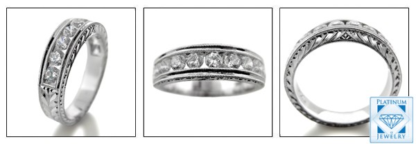 CUBIC ZIRCONIA CHANNEL SET  HAND ENGRAVED WEDDING BAND