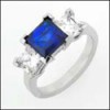 Three Stone Ring Sapphire Blue Princess cut Center CZ 