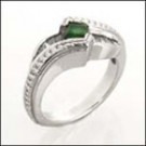 CZ SMALL EMERALD COLOR PRINCESS AND BAGUETTE PLATINUM RING