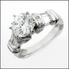 HIGH QUALITY ROUND CUBIC ZIRCONIA WHITE GOLD ENGAGEMENT RING / CHANNEL SET BAGUETTES