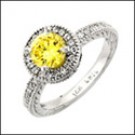 CANARY ROUND CZ HALO WHITE GOLD ENGAGEMENT RING 