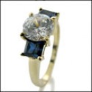 1.5 ROUND CZ WITH SAPPHIRE PRINCESS 3 STONE YELLOW GOLD RING